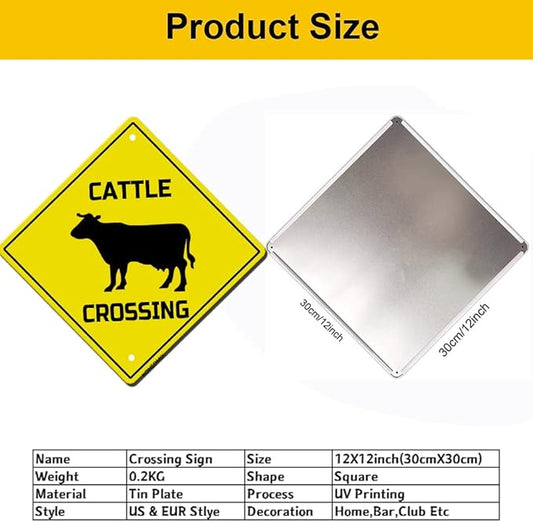 Cattle Crossing Sign Funny Novelty Metal Tin Sign for Bar Club Country Home Coffee Shop Indoor& Outdoor Decor Yellow Street Sign 12X12inch