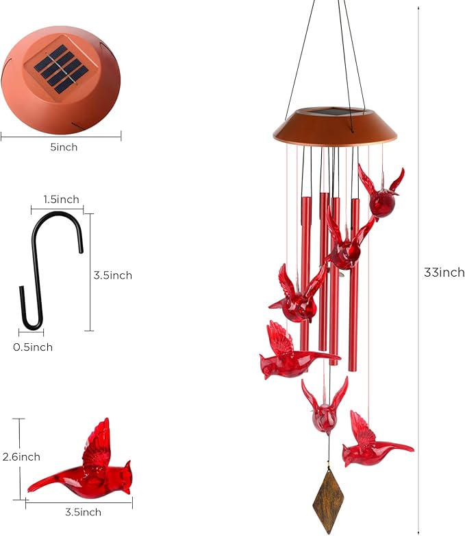 Cardinal Wind Chimes for Outside Mother Gift Red Cardinal Gifts for Women Memorial Chimes for Mom Solar Red Bird Solar Lights for Loss of Loved One Garden Cardinal Decor