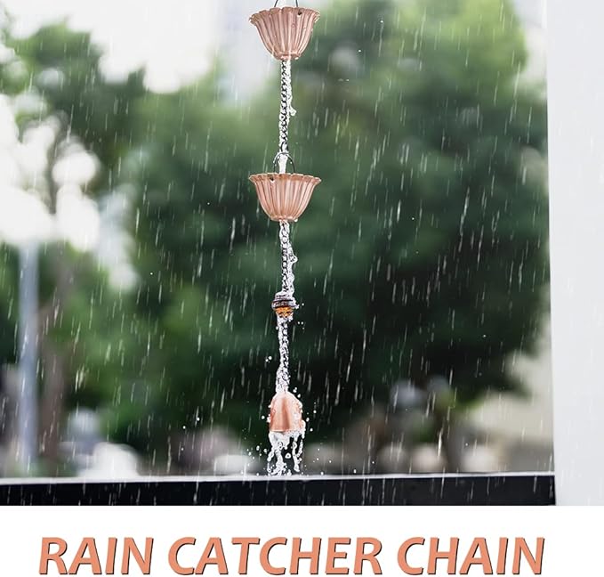 9 Ft Rain Chain, Thick Metal Rain Gutter Chains with 12 Gold Flower Cups, Adjustable Rain Catcher Chain for Eaves Drainage, Replacement for Downspout, Outdoor Decor
