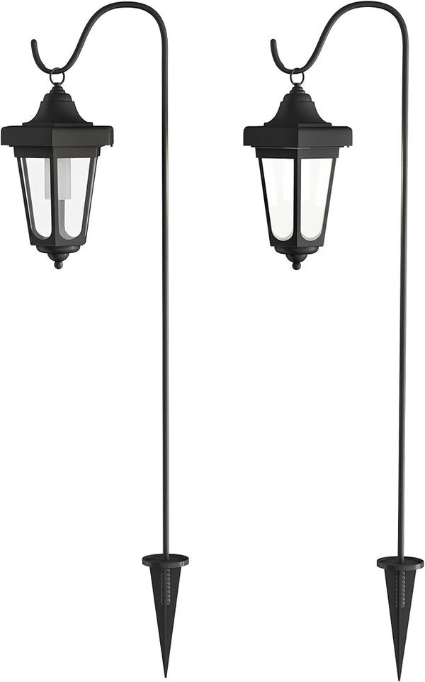 Set of 2 Solar Lanterns - Waterproof Hanging Coach LED Lights with Shepherd Hooks for Mounting - Garden Decor for Outside by Pure Garden (Black)