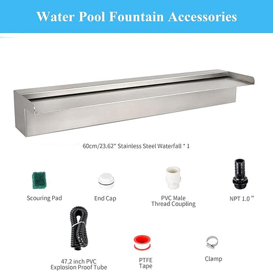 24 Inch Pool Fountain 304 Stainless Steel Waterfall Spillway with Pipe Connector Kits, Wider Water Flow Sheer Descent Platform Water Feature Fountain for Swimming Pool, Outdoor Garden Decor
