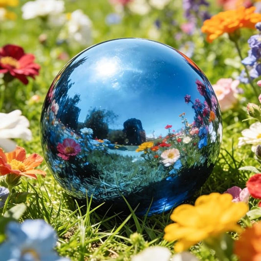 Lily's Home Stainless Steel Gazing Globe Mirror Ball, Colorful and Shiny Addition to Any Garden or Home. Blue. (12 Inch)