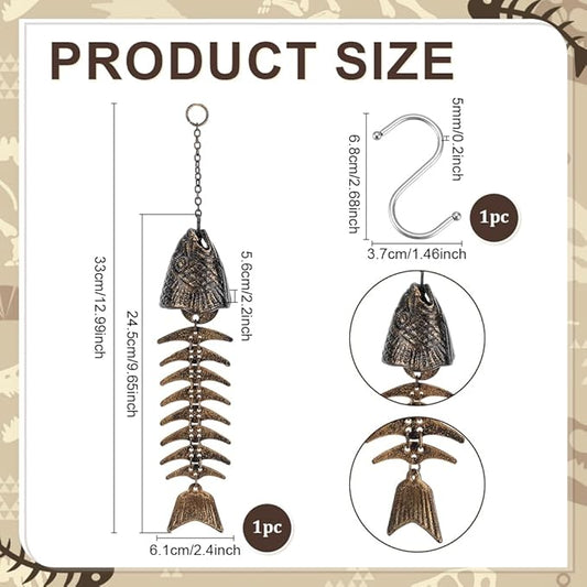 PH PandaHall Fish Skeleton Wind Chime 13" Fish Windchime Iron Fishbone Wind Chime Vintage Metal Windchime Door Hanging Bells for Outdoor Home Garden Yard Decoration Gift, Antique Bronze