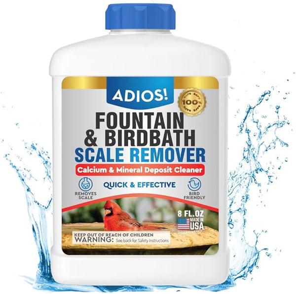 Adios! Fountain Scale Remover for Calcium, Lime and Hard Water Deposits on Bird Fountains, Baths and Water Features (8 oz)