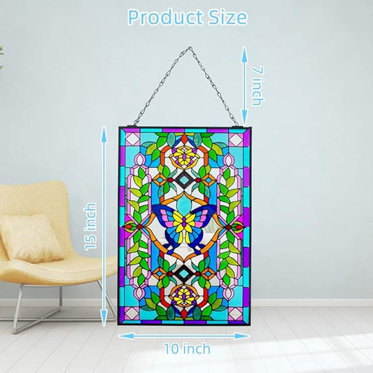 Viveta Butterfly Stained Glass Window Hangings, 10" W x 15" H Suncatcher Panel Windows Wall Decor with Metal Frame & Chain