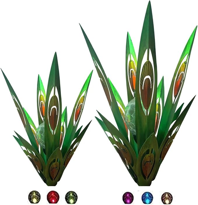 Jesokiibo 2pcs Tequila Sculpture Metal Agave Plant Home Decor Rustic Hand Painted Figurines Yard Decorations Lawn Ornaments(Multi-Color LED Solar Light Green) (Green)