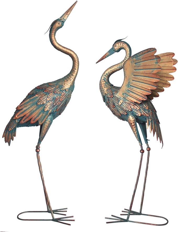33-37 Inch Metal Crane Garden Statue Décor, Bird Heron Garden Sculpture & Statues, Outdoor Decoration for Yard Pond Lawn Backyard Pool, Vintage Spread Wings Crane, Set of 2 Copper