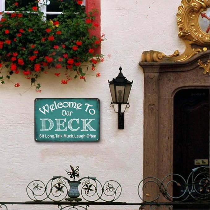 Welcome to Our Deck Sign for Outside - Deck Signs and Decor Outdoor, Vintage Metal Sign for Garden, Pool, Backyard, Patio, Outdoor Decor Wall Art Accessories, 12 x 8 inch