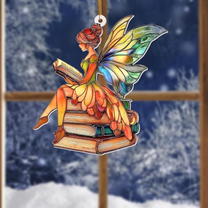 Reading Fairy Book Ornament โ Stained Glass Style Acrylic Christmas Ornament, Book Lover Gift for Women, Teacher & Librarian Book Club Decorations, Fantasy Ornament Holiday Dรฉcor(Sun-15)