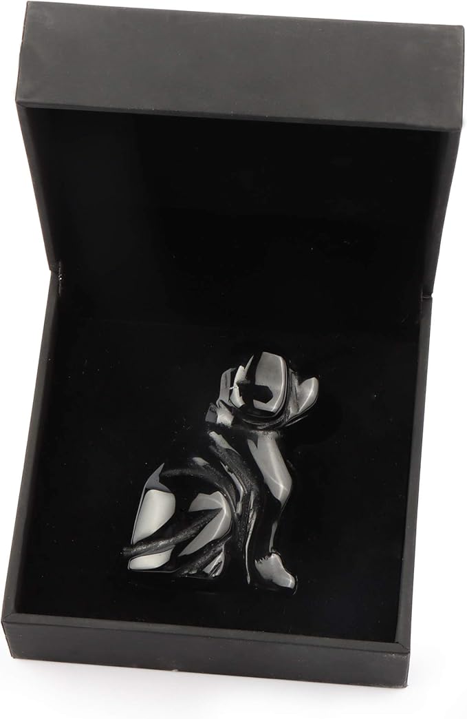 SMQ 2" Black Obsidian Crystal Dog Figurines Statue Hand Carved Gemstone Puppy Dog Decor Sculpture Reiki Healing Stones Ornament for Outdoor Home Office Decoration(Gift Box)
