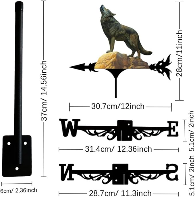 Colorful Wild Wolf Weather Vane Metal Craft Rooftop Weathervane Iron Wind Direction Indicator Garden Statue Yard Decor Lawn Ornament (B)
