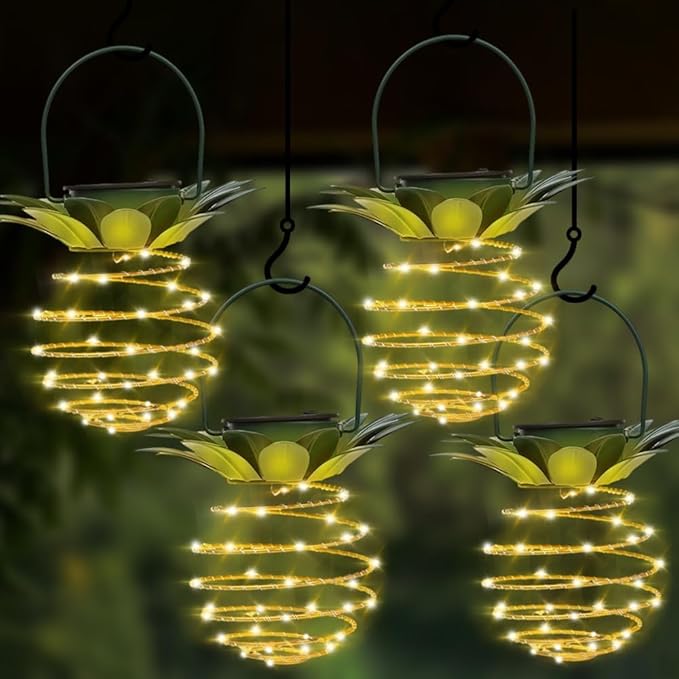 JHPGEOE 4 Pack Outdoor Solar Hanging Lantern Lights - 60LED Waterproof Solar Pineapple Light Outdoor for Garden,Yard Porch Lawn Backyard Landscape Pathway Patio Outside Gardening