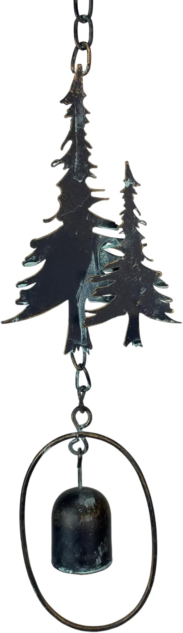 Things2Die4 70-Inch Metal Rain Chain with 5 Forest Tree Silhouettes & Zen Bells, Dark Verdigris Finish, 3.25-Inch Diameter, Decorative and Functional Downspout Alternative