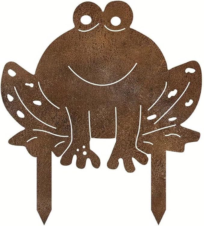Rusty Metal Frog Garden Statue - Classic Outdoor Lawn Ornament, Durable Metal Silhouette Stake Decor for Yard, Patio, Weather-Resistant & Easy Ground Installation