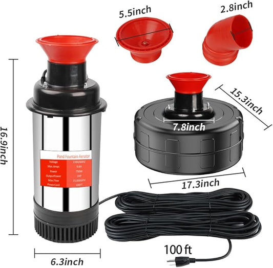 Pond Fountain Aerator, 1HP 110V 15000 GPH Stainless Steel Floating Pump w/100ft Cord – Aerator for Ponds, Lakes, Water Gardens