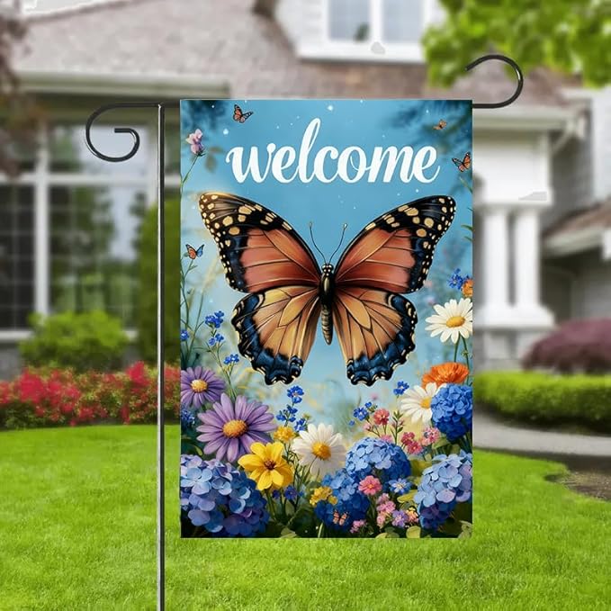 Welcome Spring Summer Garden Flag 12x18 Double Sided, Burlap Seasonal Farmhouse Rustic Butterfly Hydrangea Floral Garden Flags Spring Outdoor Decor, Small Decorative Yard Lawn Porch Flags for Outside