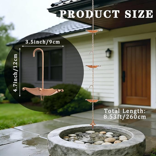 8.5FT Rain Chains with 10 Umbrella Rain Chain Cups, Rain Catcher for Gutters, Decorative Copper Rainwater Diverter Rain Chimes for Garden Decor, Replacement for Outside Gutter Downspouts in Spring