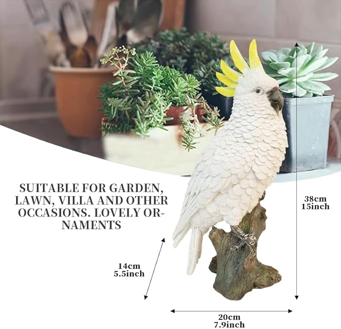 Decorative Parrot Garden Statue, Garden Decor Sculptures Statues Outdoor, Cockatoo Bird Tropical Indoor Desk Decor, Yellow White, 14.96 inches high