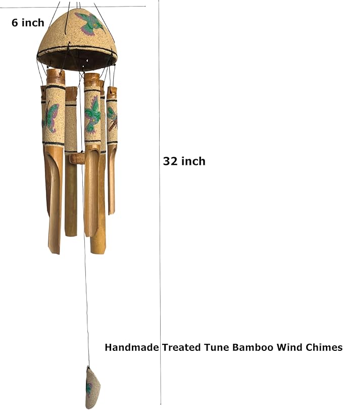 Bellaa 20346 Bamboo Wind Chimes Sea Sand Art Painting Hummingbird Butterfly Dragonfly Handmade Windchimes Outdoor Garden Patio Gifts 32 Inch (Green Sand)