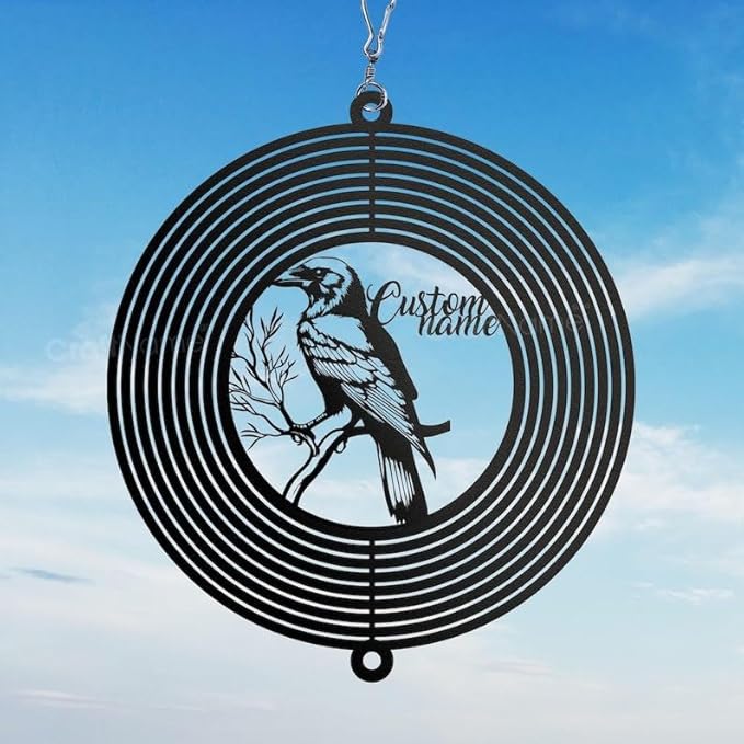 Personalized Raven Metal Wind Spinner, Custom Outdoor Ornament for Yard Display, Kinetic Bird Sculpture, Gothic Garden Gift (Raven Garden Wind Spinner)