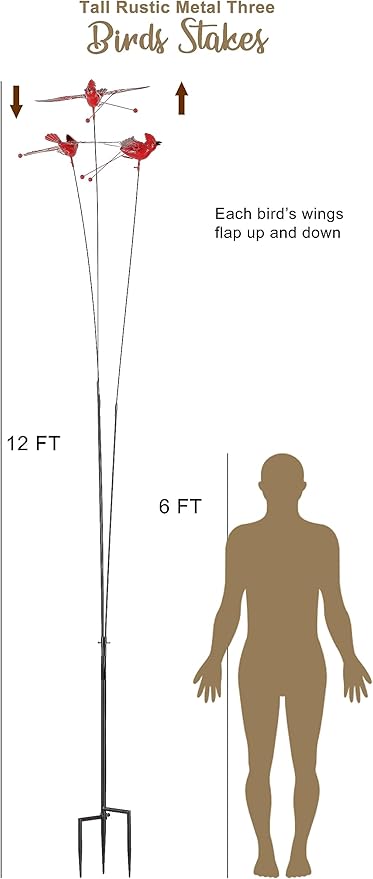 12 Feet Tall Rustic Three Cardinal Birds Large Swaying Garden Stake, Metal Animal Wind Sculpture Decorative Yard Art