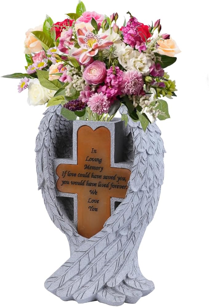 Grave Decorations for Cemetery, Heaven Angel Wing Cross, Graveyard Decorations, Vase with Solar LED Lamp, Resin Decorated Bereavement Statue, Gift in Memory of Relatives (White)