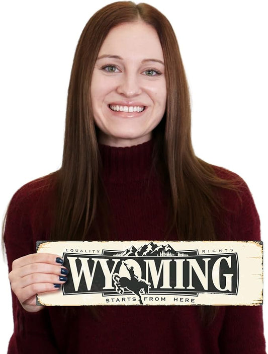 SmartSign 4 x 14 inch Wyoming State Vintage Metal Sign “Equality Rights Start From Here”, 40 mil Rustproof Aluminum with Clear Overcoat, Retro Wall Décor, Multicolor, Made in USA