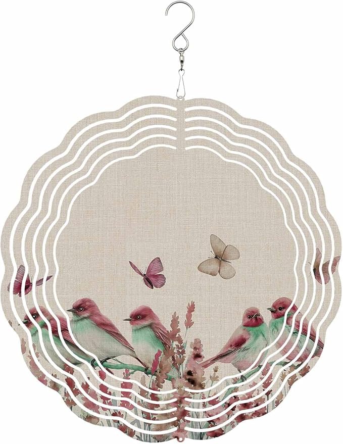 Stainless Steel Wind Spinner for Yard Garden Decoration, Red Bird Flower Floral Butterfly Vintage Summer Round Wind Sculpture Spinner 3D Crafts Hanging Ornaments for Indoor Outdoor, 8 Inch