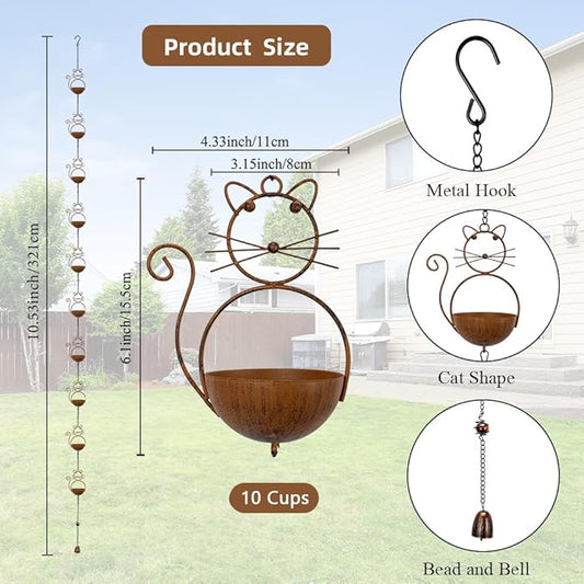 10.53ft Rain Chain for Outside, Rain Chain with 10 Cat Cups, Adjustable Rain Catcher Chain for Outside, Replacement Downspout for Gutters, Eaves, Drainage