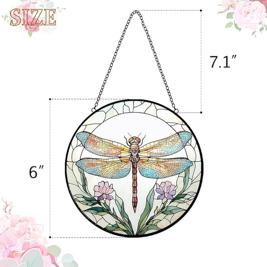 Dragonfly Flower Suncatcher Stained Glass Window Hanging - Dragonflies Decor Sun Catchers Glass Panel - Handmade Suncatchers for Home Garden Ornaments - Mother's Day Birthday Gifts for Women Men Mom