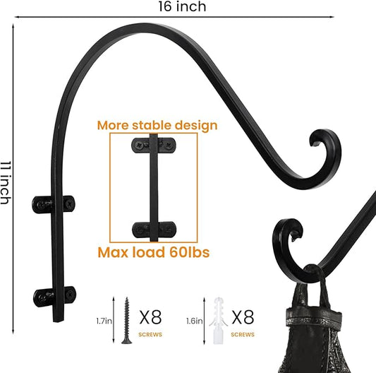 4 Pack Heavy Duty 16 Inch Outdoor Plant Hangers, Black Wall Hanging Brackets for Hanging Flower Basket, Bird Feeders, Lanterns, Wind Chimes