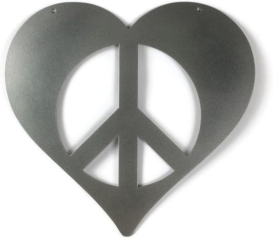 Peace and Heart Staked Signs or Wall Art Rustic or Powder Coated Finishes (Medium Peace Heart Hanger 12", Dark Gray Metallic)