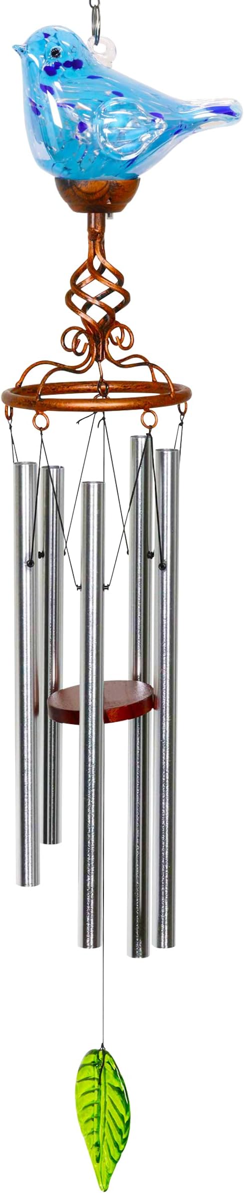Solar Glass Bird Shape Wind Chimes, LED, Outdoor Glass and Metal Decoration for Lawn and Patio, 7 x 4 x 44 inches (Light Blue)