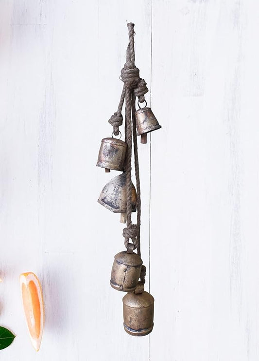 Mango Gifts Vintage Bells Hanging Chimes with Rustic Jute Rope, Tranquil Wind Chimes for Garden, Bohemian Decor, Outdoor and Patio Decoration (MGT29)