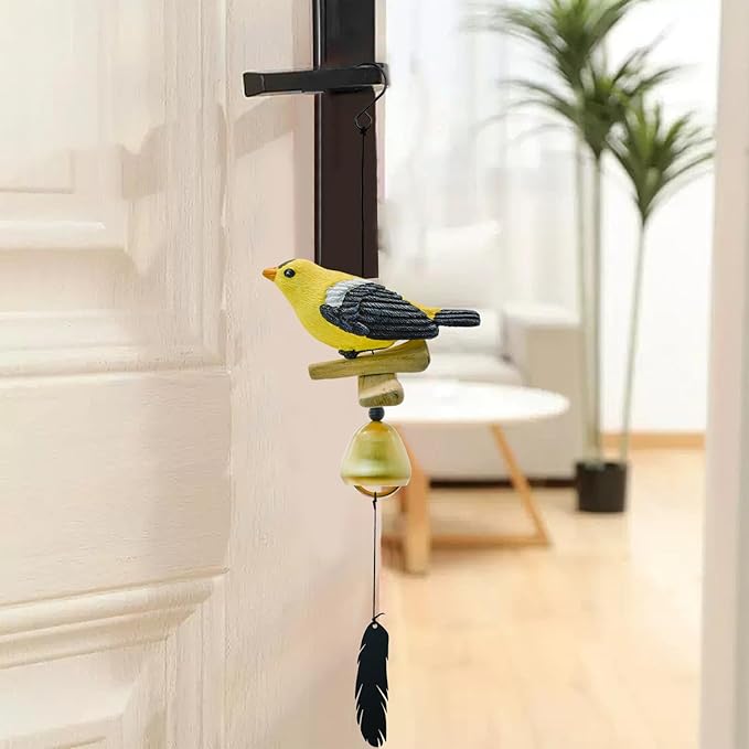 MrMrKura Bird Wind Chimes, Metal Wind Bell Pendent for Outside Hanging Wind Chime with Feather Ornament for Bless Garden Backyard Home Decor (Yellow)