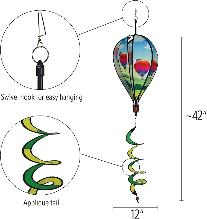 In the Breeze Hot Air Balloon 6-Panel Kinetic Hot Air Balloon Wind Spinner,11" W x 17" H, 26" Tail,1077