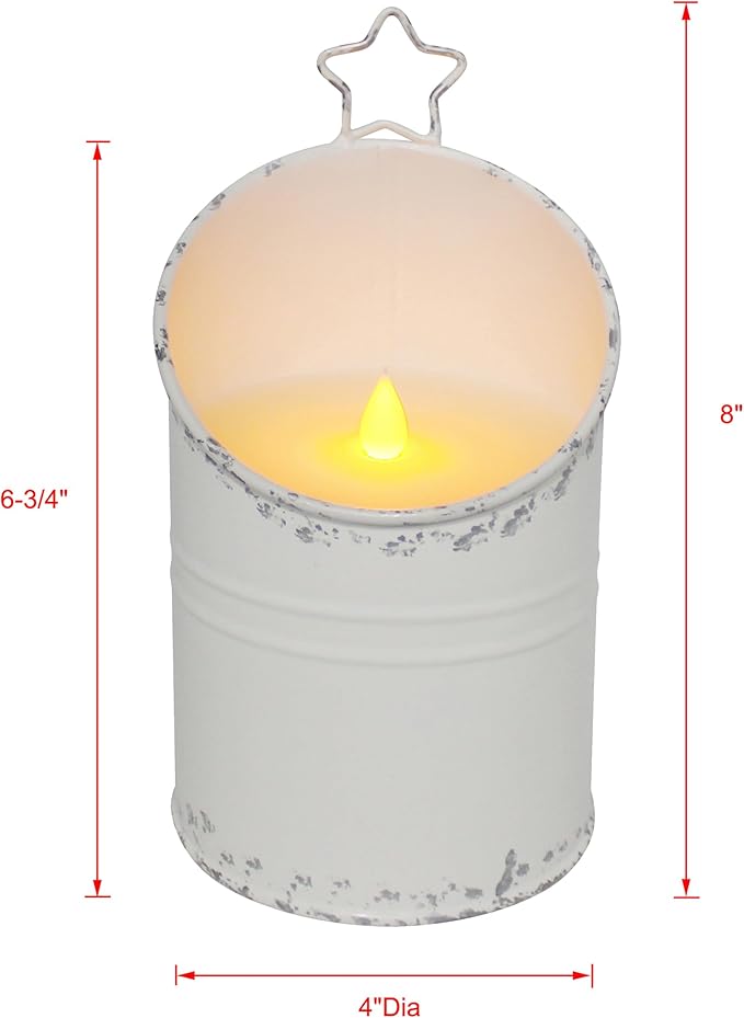 CVHOMEDECO. Vintage Galvanized Can Flameless LED Candle, Real Wax in Antique Galvanized Jar Flickering Candle with Remote Control for Tabletop Wall Decor. H 8 Inch, Cream