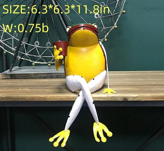 Metal Frog Outdoor Garden Ornament Decoration, Yard/Balcony/Flower Pot Art Statue Decorations, Funny Cute Animal Frogs Iron Vintage Statues (Yellow-B)
