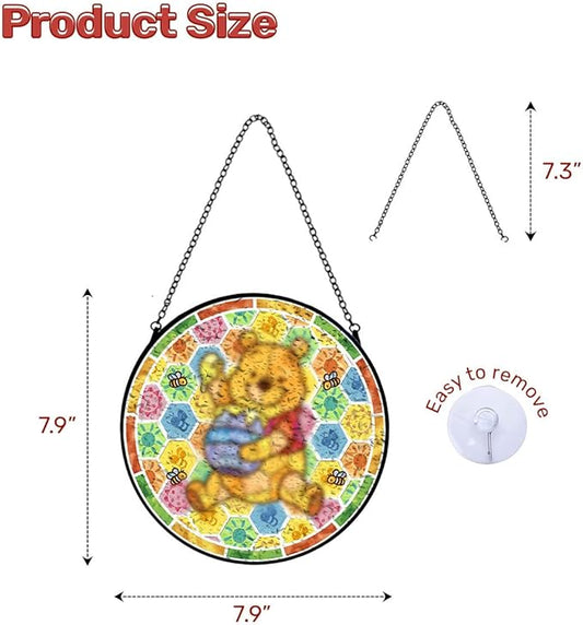 GENANY Honey Bear Glass Window Hanging, Spring Sun Catcher with Metal Chain and Hook, Romantic Gifts for Women Friends Family, Garden Decor, Housewarming Gifts, Outdoor Decor