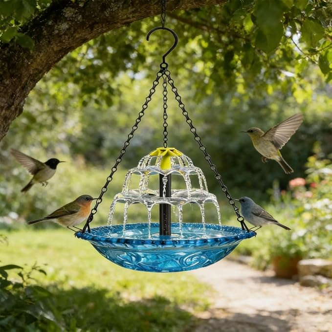 Solar Hanging Bird Bath Fountain - 9 Spray Heads,10FT Cord, 9.3" Blue Bowl with 16'' Metal Chain, Solar Powered Cascading Bubbler for Outdoor Deck, Patio, Yard, Lawn, Attracts Hummingbirds