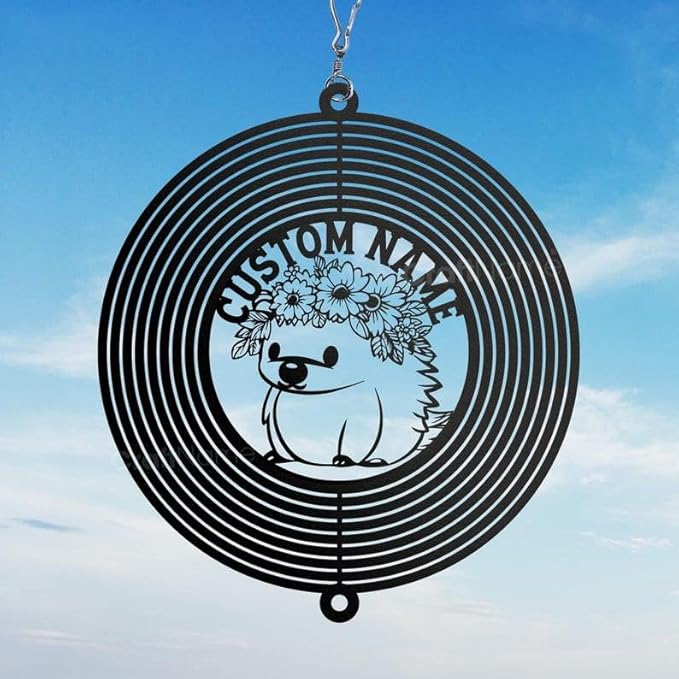 Personalized Hedgehog Metal Wind Spinner, Custom Outdoor Ornament for Yard Display, Kinetic Wildlife Sculpture, Cute Garden Gift (Hedgehog Garden Wind Spinner)