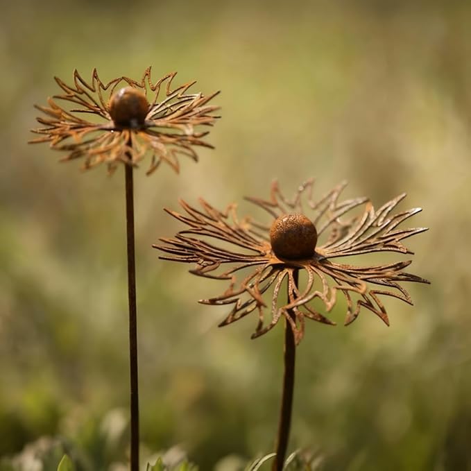 Rusty Metal Wild Flowers Garden Stakes 11.82 x 8.47 inches, Decorative Flowers Yard Stake Metal Art for Outdoor Garden Lawn Decor(Flower-D)