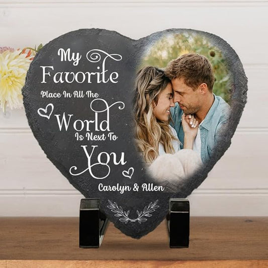 NAZENTI Custom Photo My Favorite Place In All The World Is Next To You, Couple Personalized Heart Shaped Stone With Stand, Gift For Husband Wife Anniversary Couples