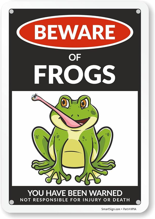 SmartSign Funny Beware Of Frogs Warning Sign - 10"x7", 40 mil Laminated Rust-free Aluminum - Metal Signs for Wall Decor, Outdoors, Patio, Gifts, Cafe - Frogs Theme, Made in USA