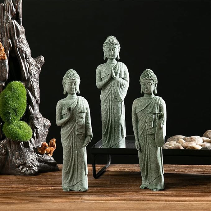 Mini Buda Meditating Buddah Statue-Natural Sandstone Stone -Handmade for Zen Garden Fish Aquarium Tank Yoga Bonsai Micro Landscape Spiritual Fengshui Praying Shui Chakra Decor (standing hands)