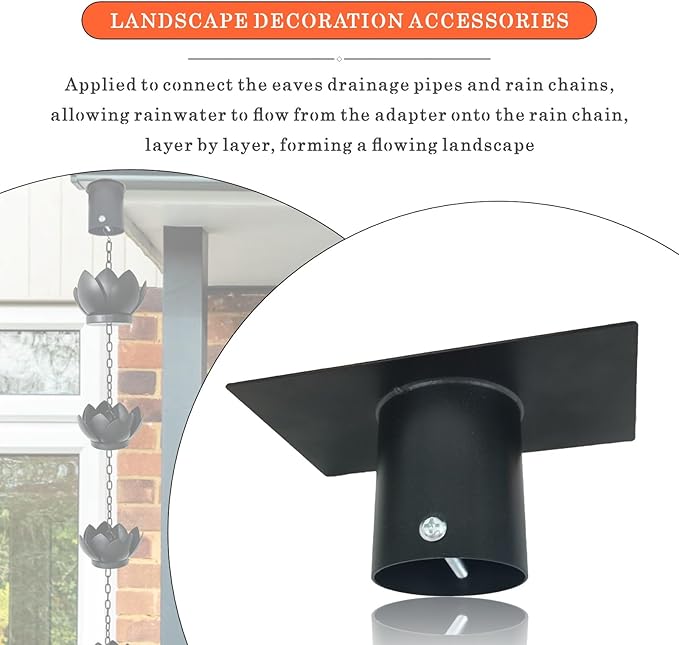 Rain Chain Gutter Adapter, Metal Rain Chain Outside Gutters Downspout Accessories, Black Powder Coated Gutter Adapter Rain Chain Installation