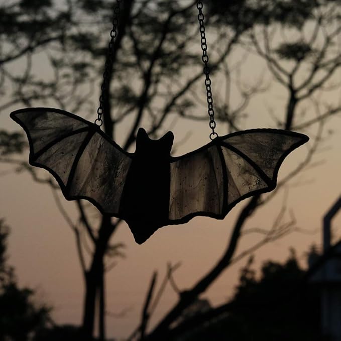 Bat Stained Glass Window Hanging Suncatcher for Window,Halloween Bat Decoration 7.1×3.0 inch…