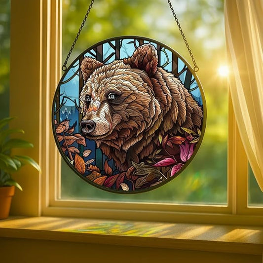 Stained Glass Window Hanging Bear with Leaves, 7.8in Sun Catchers Panel for Indoor Decorative Display for Mom, Wife, Lovers, Festive