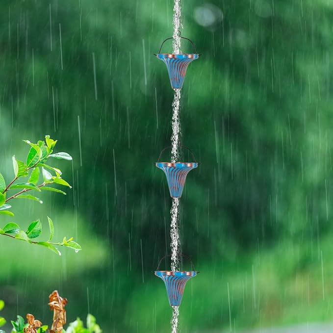 11.5 Ft Rain Chains for Gutters, Metal Rain Chain with 12 Funnel Cups, Rain Catcher Chain for Eaves Drainage, Adjustable Rainwater Chain for Outdoor Decor