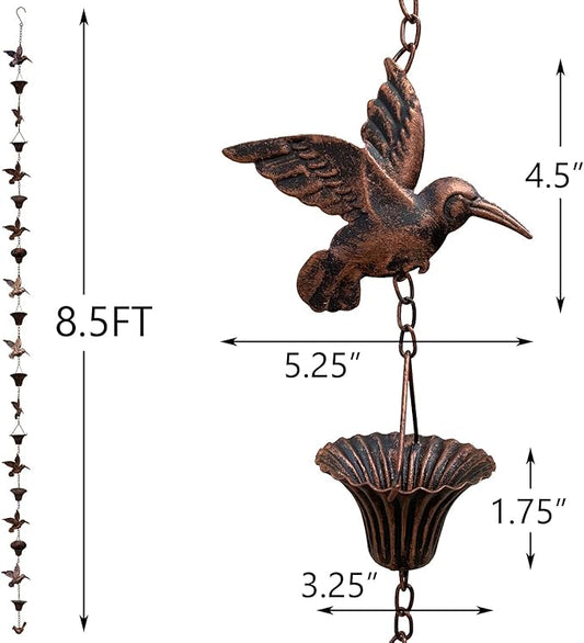 8.5FT Rain Chain, Hummingbird Rain Chains for Gutters, Functional and Decorative Replacement Downspout Chain for Outside, Metal Garden Rainwater Diverter Catcher Chains, Antique Copper